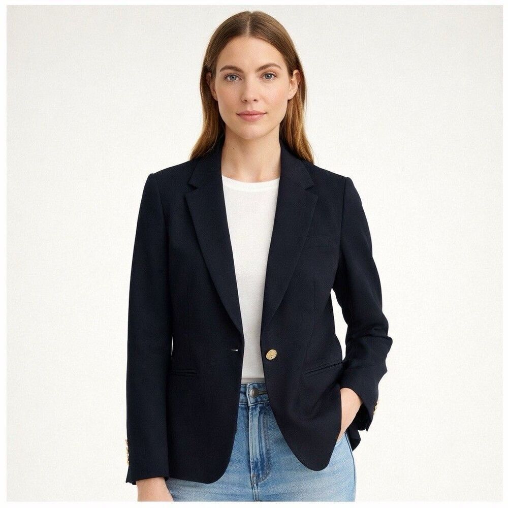 J Crew Wool Blazer Size 6 Black Gold Crest Buttons Striped Lining Preppy Office